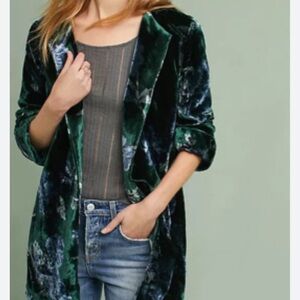 Anthropologie Eva Franco | Blazer Green Floral Velvet Open Front Side Pockets